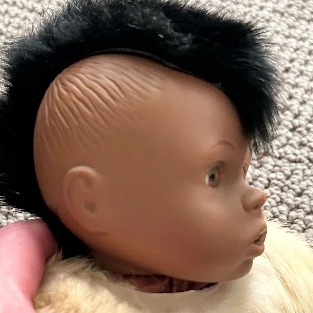 Native American Baby Boy Doll w Authentic Fur & Feathers, Mohawk, Soft Body